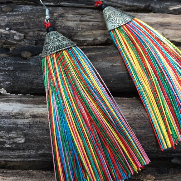 Gorgeous Tassel Earrings Antique Silver Multicolor - Picture 3 of 6